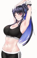 Rule 34 | 1girl, absurdres, armpits, arms up, black hair, black pants, black sports bra, blue hair, blush, breasts, character name, clothes lift, colored inner hair, demon horns, grin, high ponytail, highres, hololive, hololive english, horns, kivo, large breasts, lifted by self, mole, mole under eye, multicolored hair, nerissa ravencroft, one eye closed, pants, shirt lift, simple background, smile, solo, sports bra, sweat, two-tone hair, virtual youtuber, white background, yoga pants