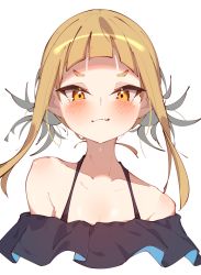 Rule 34 | 1girl, absurdres, bare shoulders, black shirt, blonde hair, blunt bangs, blush, boku no hero academia, breasts, cleavage, closed mouth, collarbone, cropped torso, double bun, fang, flipped hair, frilled shirt, frills, hair bun, halter shirt, halterneck, highres, looking at viewer, medium breasts, off-shoulder shirt, off shoulder, rasusurasu, shirt, short eyebrows, short hair with long locks, sidelocks, simple background, skin fang, solo, straight-on, straight hair, toga himiko, tsurime, upper body, v-shaped eyebrows, white background, yellow eyes