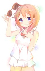 Rule 34 | 1girl, bare arms, blush, breasts, gochuumon wa usagi desu ka?, hand on own chest, highres, hoto cocoa, looking at viewer, nagomi yayado, orange hair, pinky out, purple eyes, small breasts, smile, sunglasses, white background