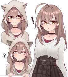 Rule 34 | !, 1girl, :o, ?, ahoge, animal hood, belt, berry, black choker, brown eyes, brown hair, brown hoodie, brown skirt, choker, commentary, earrings, ears through headwear, english commentary, food-themed earrings, highres, hololive, hololive english, hood, hood up, hoodie, jewelry, long hair, long skirt, looking at viewer, m r b, multicolored hair, multiple views, nanashi mumei, nanashi mumei (casual), necklace, official alternate costume, oversized clothes, plaid, plaid skirt, pleated skirt, red shirt, runes, shirt, skirt, smile, streaked hair, sweater, virtual youtuber, white sweater