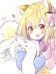 Rule 34 | 1girl, :d, animal ear fluff, animal ears, blonde hair, blue sweater, blush, bow, chita (ketchup), fox ears, fox girl, fox tail, hair between eyes, hair bow, heart, long sleeves, looking at viewer, hugging object, open mouth, original, pink bow, red eyes, short eyebrows, signature, simple background, sketch, sleeves past wrists, smile, solo, spoken heart, stuffed animal, stuffed rabbit, stuffed toy, sweater, tail, thick eyebrows, white background
