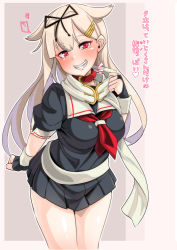 Rule 34 | 1girl, animal collar, black ribbon, black serafuku, black skirt, blonde hair, blush, breasts, collar, collar tug, commentary request, fingerless gloves, gloves, grin, hair flaps, hair ornament, hair ribbon, hairclip, heart, highres, kantai collection, konoshige (ryuun), large breasts, long hair, looking at viewer, neckerchief, pleated skirt, red eyes, red neckerchief, ribbon, scarf, school uniform, serafuku, sharp teeth, skirt, smile, solo, standing, straight hair, teeth, translation request, white scarf, yuudachi (kancolle), yuudachi kai ni (kancolle)