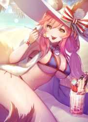 Rule 34 | 10s, 1girl, animal ears, beach, bikini, blue bikini, bow, bracelet, breasts, collarbone, cup, day, dolce (dolsuke), ears through headwear, eating, fang, fate/extra, fate/grand order, fate (series), food, fox ears, fox tail, hair between eyes, hat, hat bow, highres, ice cream, ice cream float, jewelry, large breasts, long hair, looking at viewer, mug, open clothes, open mouth, open shirt, pink hair, shirt, sidelocks, smile, solo, spoon, sun hat, swimsuit, tail, tamamo (fate), tamamo no mae (fate/extra), tamamo no mae (swimsuit lancer) (fate), tamamo no mae (swimsuit lancer) (third ascension) (fate), thighs, wet, white shirt, yellow eyes