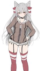 Rule 34 | 1girl, amatsukaze (kancolle), black choker, black panties, blush, breasts, brown dress, chigasaki yukari, choker, dress, garter straps, grey hair, grey neckerchief, hair tubes, hand on own hip, hands on own hips, highres, kantai collection, long hair, long sleeves, looking at viewer, neckerchief, panties, red thighhighs, sailor collar, sailor dress, see-through, see-through dress, short dress, side-tie panties, simple background, small breasts, solo, thighhighs, two side up, underwear, very long hair, white background, white sailor collar