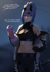 Rule 34 | 1girl, absurdres, arm tattoo, barcode, barcode tattoo, black gloves, black sports bra, blue hair, breasts, cleavage, cup, disposable cup, fingerless gloves, gloves, grimace shake (meme), hair between eyes, hair ornament, hand on own hip, highres, holding, holding cup, jacket, long hair, looking at viewer, medium breasts, meme, night, open clothes, open jacket, original, outdoors, ponytail, saki (the atko), solo, sports bra, star (sky), sword, tattoo, the atko, weapon, yellow eyes