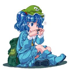 Rule 34 | 1girl, ?, backpack, bag, blue eyes, blue hair, female focus, hair bobbles, hair ornament, hat, kawashiro nitori, key, lowres, maman, matching hair/eyes, pixel art, short hair, short twintails, simple background, sitting, skirt, solo, touhou, twintails, two side up, white background