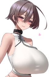Rule 34 | 1girl, absurdres, ahoge, anima (togashi), bare shoulders, belt collar, blush, breasts, brown hair, chain, cleavage, closed mouth, collar, covered collarbone, crossed bangs, hair between eyes, heart, highleg, highleg panties, highres, huge breasts, looking at viewer, mole, mole on armpit, mole under mouth, original, panties, purple eyes, shirt, short hair, simple background, sleeveless, sleeveless shirt, smile, solo, taut clothes, taut shirt, underwear, upper body, white background