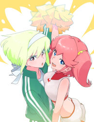 Rule 34 | 1boy, 1girl, :d, :o, aina ardebit, alternate costume, blonde hair, blue eyes, breasts, cheerleader, colored eyelashes, crop top, green jacket, green track suit, headband, holding, holding pom poms, jacket, large breasts, lio fotia, ns1123, open clothes, open jacket, open mouth, pink hair, pom pom (cheerleading), pom poms, promare, purple eyes, shirt, short hair, side ponytail, skirt, smile, trap, v-shaped eyebrows, white headband, white shirt, white skirt
