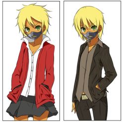 Rule 34 | 1girl, androgynous, blonde hair, concept art, flat chest, green eyes, hand in pocket, jacket, lena forst, letterman jacket, lowres, mask, messy hair, missing stars, myuto, myuto (advent retribution), open clothes, open jacket, pants, popped collar, reverse trap, shirt, short hair, skirt, striped