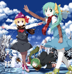 Rule 34 | 5girls, adapted costume, alternate headwear, antennae, arm up, ascot, asics, black dress, black hair, black legwear, blonde hair, blue dress, blue gloves, blue hair, blue sky, bow, brand name imitation, brown eyes, brown gloves, cape, character name, cirno, closed eyes, cloud, daiyousei, day, dress, earmuffs, fairy wings, falling, fishing rod, forest, gloves, green eyes, green hair, hair bow, hair ribbon, hakurei reimu, hat, highres, hole, ice, ice fishing, ice skates, ice skating, ice wings, lake, layered sleeves, long hair, long sleeves, multiple girls, nature, open mouth, outstretched arms, pantyhose, pink gloves, puffy sleeves, red eyes, ribbon, rumia, ruu (tksymkw), scarf, scarlet devil mansion, shirt, short hair, short over long sleeves, short sleeves, shorts, side ponytail, skates, skating, skirt, skirt set, sky, smile, snow, snow on head, snowman, striped clothes, striped legwear, striped pantyhose, team 9 (touhou), thighhighs, touhou, white legwear, wide-eyed, wings, winter, winter clothes, wriggle nightbug, zettai ryouiki