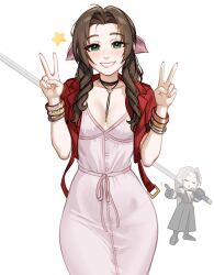 Rule 34 | 1boy, 1girl, aerith gainsborough, blush, blushyspicy, braid, braided ponytail, breasts, brown hair, choker, collarbone, cowboy shot, cropped jacket, double v, dress, final fantasy, final fantasy vii, flower choker, green eyes, grey dress, grin, hair ribbon, highres, holding, holding sword, holding weapon, huge weapon, jacket, long dress, long hair, medium breasts, open clothes, open jacket, parted bangs, pink ribbon, red jacket, ribbon, sephiroth, shiny skin, sidelocks, smile, sparkle, sword, teeth, v, weapon