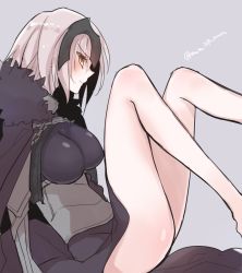 Rule 34 | 1girl, armor, ass, blue background, breasts, cape, fate/grand order, fate (series), fur trim, grey hair, helmet, jeanne d&#039;arc (fate), jeanne d&#039;arc alter (avenger) (fate), jeanne d&#039;arc alter (fate), long hair, looking at viewer, mom 29 mom, simple background, smile, solo, yellow eyes
