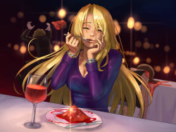 Rule 34 | 1boy, 2girls, alcohol, blonde hair, blurry, bracelet, brown hair, chasing, cup, death, depth of field, dress, drinking glass, eating, evening gown, closed eyes, fleeing, fork, highres, jewelry, knife, long hair, metroid, metroid fusion, multiple girls, necklace, nintendo, plate, purple dress, restaurant, samus aran, smile, stup-jam, table, tablecloth, wine, wine glass, x parasite