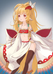 Rule 34 | 10s, 1girl, absurdres, animal ears, bandeau, bare shoulders, black thighhighs, blonde hair, collarbone, detached sleeves, feathers, flat chest, granblue fantasy, hair ornament, harvin, highres, loincloth, long hair, mahira (granblue fantasy), midriff, navel, pelvic curtain, red eyes, rockzero, sleeves past wrists, solo, thighhighs, wide sleeves