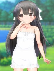 Rule 34 | 1girl, black hair, bow, commentary request, damubomu, day, dress, hair bow, hand to own mouth, highres, long hair, original, outdoors, ribbon, short dress, solo, strap slip, sundress, very long hair, white dress