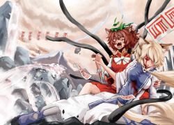 Rule 34 | 2girls, angry, animal ears, blonde hair, blood, brown hair, cat ears, cat girl, cat tail, chen, emerane, closed eyes, fangs, female focus, fox ears, fox tail, holding hands, hat, highres, merutoreimu, multiple girls, multiple tails, no headwear, no headwear, ofuda, open mouth, short hair, tail, tears, torn clothes, touhou, yakumo ran