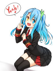 Rule 34 | 1girl, :d, black skirt, black thighhighs, blue eyes, blue hair, commentary, english text, formal, hair between eyes, hair ornament, hairclip, healther, heterochromia, long hair, long sleeves, looking at viewer, necktie, open mouth, original, pleated skirt, side ponytail, simple background, sitting, skier, skirt, smile, solo, stylus, suit, thighhighs, white background, yellow eyes