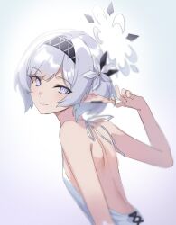 Rule 34 | 1girl, back, black hairband, blue archive, controlline3, dress, earclip, flower, grey halo, hair flower, hair ornament, hairband, halo, hand up, highres, himari (blue archive), looking at viewer, mole, mole under eye, pointy ears, purple eyes, short hair, sleeveless, sleeveless dress, smile, striped clothes, striped hairband, upper body, white dress, white hair, white halo