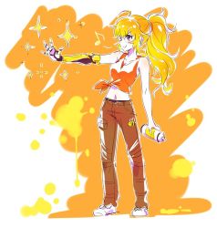Rule 34 | 1girl, blonde hair, bumblebee, commentary, cyborg, denim, iesupa, jeans, navel, pants, prosthesis, prosthetic arm, purple eyes, rwby, smile, solo, spoilers, spray can, tank top, whistling, yang xiao long