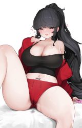 Rule 34 | 1girl, absurdres, bare shoulders, black eyes, black hair, black tank top, blunt bangs, blush, breasts, cleavage, clothes lift, collarbone, condom box, dolphin shorts, heart, heart-shaped pupils, highres, huge breasts, jacket, knee up, long hair, looking at viewer, midriff, mole, mole on breast, navel, nujig, open clothes, open jacket, original, ponytail, pussy juice stain, red jacket, red shorts, shirt lift, short shorts, shorts, sidelocks, simple background, sitting, sleeves past wrists, solo, spread legs, strap slip, sweat, symbol-shaped pupils, tank top, thick thighs, thighs, very long hair, wet, wet clothes, white background