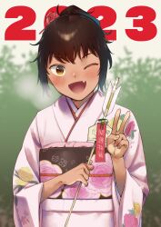Rule 34 | 1girl, 2023, ;d, arrow (projectile), blush, brown eyes, brown hair, commentary request, fang, highres, holding, holding arrow, japanese clothes, kimono, long sleeves, looking at viewer, messy hair, obi, one eye closed, open mouth, original, pink kimono, sash, shiden (sashimi no wife), short hair, smile, solo, v, wide sleeves