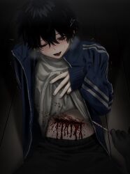 Rule 34 | 1boy, absurdres, bags under eyes, black hair, black pants, blood, blood on clothes, bloody knife, blue jacket, blush, clothes lift, disembodied limb, grey eyes, guro, hair between eyes, highres, holding, holding knife, imai akira, injury, jacket, knife, lifted by self, long sleeves, male focus, masochism, on floor, one eye closed, open clothes, open jacket, open mouth, original, pants, saliva, shirt, shirt lift, sitting, solo, sweat, track jacket