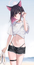 Rule 34 | 1girl, absurdres, animal ears, bikini, black bikini, black choker, black hair, black shorts, blue archive, cat ears, choker, colored inner hair, halo, highres, holding, holding shoes, kazusa (blue archive), looking at viewer, midriff, multicolored hair, navel, open clothes, open fly, open shorts, pink hair, pink halo, rama (yu-light8), red eyes, see-through clothes, shirt, shoes, short hair, short shorts, short sleeves, shorts, solo, swimsuit, thigh strap, tied shirt, unworn shoes, unzipped, white shirt