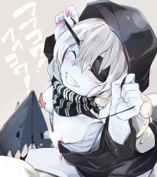 Rule 34 | 10s, 1girl, abyssal ship, backpack, bag, blush, eyepatch, closed eyes, glowing, glowing eyes, grin, hood, kantai collection, kawaisou, pale skin, re-class battleship, scarf, short hair, silver hair, smile, solo, steam, translation request