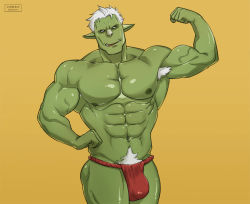 Rule 34 | 1boy, abs, bad id, bad pixiv id, bara, biceps, bulge, cerberus arts, colored skin, cowboy shot, fangs, flexing, fundoshi, green skin, hand on own hip, japanese clothes, large pectorals, looking at viewer, male focus, male pubic hair, male underwear, mature male, monster boy, muscular, muscular male, navel, navel hair, nipples, orc, pectorals, pointy ears, pubic hair, red fundoshi, red male underwear, rigurudo (tensei shitara slime datta ken), short hair, solo, stomach, tensei shitara slime datta ken, thighs, underwear, underwear only, white hair