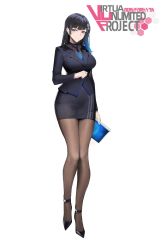Rule 34 | 1girl, airpods, alios arvin, ankle strap, black footwear, black hair, black pantyhose, black sleeves, black suit, blue hair, blue necktie, blunt bangs, breasts, closed mouth, commentary, copyright name, curled fingers, english commentary, formal, full body, high heels, highres, holding, ji yi, knees together feet apart, large breasts, long hair, long legs, long sleeves, looking away, mole, mole under eye, necktie, non porn, office lady, pantyhose, pencil skirt, purple eyes, simple background, skirt, solo, split mouth, suit, thighs, virtual unlimited project, white background, wireless earphones