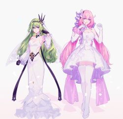 Rule 34 | 2girls, back cutout, black gloves, black hairband, bow, breasts, cleavage, clothing cutout, commentary, detached sleeves, dress, elbow gloves, elysia (herrscher of human:ego) (honkai impact), elysia (honkai impact), gloves, green hair, hair bow, hairband, half gloves, highres, honkai (series), honkai impact 3rd, jubeol126, large breasts, long dress, long hair, low twintails, medium breasts, mobius (honkai impact), multiple girls, purple bow, purple eyes, see-through, see-through cleavage, short dress, single detached sleeve, smile, symbol-only commentary, thighhighs, twintails, very long hair, white dress, white gloves, white thighhighs, white veil