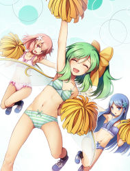 Rule 34 | 3girls, :d, :o, ^ ^, arm up, armpits, bare arms, bare shoulders, blue bra, blue eyes, blue footwear, blue hair, blue panties, bow, bow bra, bow panties, bra, cheerleader, chima q, closed eyes, collarbone, commentary, daiyousei, daiyousei mob (touhou), extra, closed eyes, facing viewer, fairy, fairy wings, green bra, green hair, green panties, hair bow, hair ornament, heart, highres, legs, long hair, looking at viewer, multiple girls, navel, open mouth, outstretched arm, panties, pink bow, pink bra, pink hair, pink panties, pom pom (cheerleading), red eyes, shoes, side ponytail, smile, sneakers, sweatdrop, textless version, thighs, touhou, underwear, underwear only, wings, yellow bow