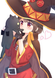 Rule 34 | 1girl, bad id, bad pixiv id, belt, belt buckle, black gloves, black headwear, blush, brown cape, brown hair, buckle, button eyes, buttons, cape, chomusuke, closed mouth, commentary request, cowboy shot, creature, dress, fingerless gloves, gloves, heart, highres, holding, holding creature, kono subarashii sekai ni shukufuku wo!, long sleeves, megumin, red dress, red eyes, short hair with long locks, sidelocks, simple background, smile, wari (nirodo26), white background