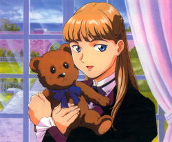 Rule 34 | 1990s (style), absurdres, blonde hair, blue eyes, blue sky, brick wall, bush, chimney, cloud, cloudy sky, curtains, fence, gate, grass, gundam, gundam wing, happy, highres, holding, holding stuffed animal, holding stuffed toy, holding toy, island, looking at viewer, ocean, official art, open mouth, relena peacecraft, ribbon, sky, smile, stuffed animal, stuffed toy, teddy bear, toy, tree, window