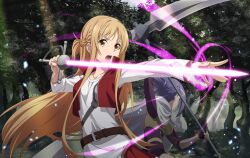 Rule 34 | 2girls, asuna (sao), black gloves, braid, brown eyes, collarbone, cropped jacket, fighting, fingerless gloves, floating hair, forest, gloves, holding, holding scythe, holding sword, holding weapon, jacket, light brown hair, long hair, long sleeves, mito (sao), multiple girls, nature, open clothes, open jacket, open mouth, outdoors, pleated skirt, ponytail, purple hair, red jacket, red skirt, scythe, shirt, skirt, sleeveless, sleeveless jacket, sunlight, sword, sword art online, sword art online: alicization, sword art online: unleashed blading, sword art online progressive, very long hair, weapon, white shirt