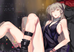 Rule 34 | 1boy, 1girl, absurdres, bare shoulders, belt, black footwear, blush, boots, breasts, cityscape, dress, girls&#039; frontline, grey scarf, hair between eyes, highres, indoors, leg strap, long hair, night, official alternate costume, one side up, open mouth, pants, purple dress, scar, scar across eye, scar on face, scarf, shirt, sitting, small breasts, smile, ump45 (diamond flower) (girls&#039; frontline), ump45 (girls&#039; frontline), window, yellow eyes, yueqin (monnpiano)
