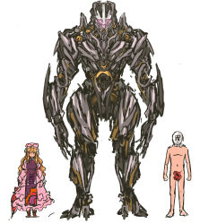Rule 34 | 1boy, 1girl, absurdres, blonde hair, blush stickers, character request, closed umbrella, copyright request, crossover, hat, height difference, highres, megatron, nameo (judgemasterkou), nude, sin sack, sketch, smile, tabard, touhou, transformers, umbrella, yakumo yukari