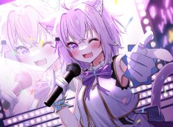 Rule 34 | 1girl, ;d, absurdres, ahoge, animal ear fluff, animal ears, blush, bow, bowtie, cat ears, commentary request, daichi (daichi catcat), display, fang, food-themed hair ornament, hair ornament, hair ribbon, highres, holding, holding microphone, hololive, jacket, looking at viewer, microphone, nekomata okayu, one eye closed, onigiri hair ornament, open mouth, pointing, pointing at viewer, purple bow, purple bowtie, purple eyes, purple hair, purple ribbon, ribbon, shirt, skin fang, smile, solo, sweat, virtual youtuber, white jacket, white shirt