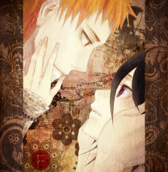 Rule 34 | 1boy, 1girl, absurdres, bad id, bad pixiv id, black hair, bleach, brown eyes, couple, eye contact, fcsz3d1a, hands on another&#039;s face, hands on another&#039;s head, highres, kuchiki rukia, kurosaki ichigo, light smile, looking at another, orange hair, parted lips, purple eyes, short hair, smile