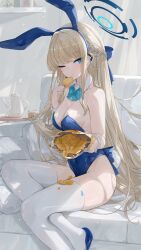 Rule 34 | 1girl, animal ears, bag of chips, blonde hair, blue archive, blue bow, blue bowtie, blue eyes, blue footwear, blue hair, blue leotard, blush, bow, bowtie, braid, breasts, cleavage, dema hmw, detached collar, fake animal ears, food, halo, high heels, highres, holding, holding food, indoors, leotard, long hair, medium breasts, multicolored hair, official alternate costume, one eye closed, parted lips, rabbit ears, rabbit tail, solo, strapless, strapless leotard, streaked hair, tail, thighhighs, toki (blue archive), toki (bunny) (blue archive), white thighhighs