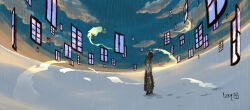 Rule 34 | 1boy, blue sky, brown coat, cloud, coat, commentary request, day, fisheye, floating, floating object, full body, high priest (ragnarok online), kusabi (aighe), looking up, male focus, outdoors, ragnarok online, rain, red hair, short hair, sky, snow, solo, white coat, wide shot, window
