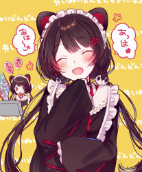 Rule 34 | 1girl, :d, ^ ^, animal ears, apron, black choker, black kimono, blush, brown eyes, brown hair, choker, closed eyes, dog ears, facing viewer, fangs, flower, flying sweatdrops, frills, fuji fujino, furisode, hair flower, hair ornament, head tilt, heterochromia, highres, inui toko, japanese clothes, kimono, long hair, long sleeves, looking at screen, low twintails, maid, maid headdress, multiple views, nijisanji, open mouth, partially translated, red eyes, red flower, sidelocks, sleeves past fingers, sleeves past wrists, smile, speech bubble, sweat, text background, translation request, twintails, upper body, very long hair, virtual youtuber, wa maid, white apron, wide sleeves, yellow background