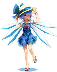 Rule 34 | 1girl, blue eyes, blue hair, bow, cirno, dress, hair bow, hat, hat ribbon, ice, ice wings, matching hair/eyes, puffy sleeves, ribbon, sandals, short hair, smile, solo, sun hat, tadano omake, touhou, wings