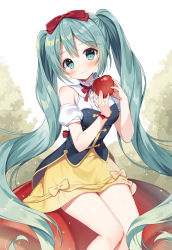 Rule 34 | 1girl, apple, bare shoulders, blush, bow, breasts, closed mouth, commentary request, cosplay, detached sleeves, feet out of frame, food, fruit, green eyes, green hair, hair bow, hatsune miku, head tilt, holding, holding food, long hair, mauve, puffy short sleeves, puffy sleeves, red apple, red bow, shirt, short sleeves, sitting, skirt, sleeveless, sleeveless shirt, small breasts, smile, snow white, snow white (disney), snow white (disney) (cosplay), solo, twintails, very long hair, vocaloid, white shirt, white sleeves, yellow background, yellow skirt