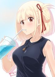 Rule 34 | 1girl, black shirt, blonde hair, bob cut, commentary request, diesel-turbo, drink, drinking, drinking straw, hair ribbon, highres, looking at viewer, lycoris recoil, nishikigi chisato, red eyes, red ribbon, ribbon, shirt, short hair, sleeveless, sleeveless shirt, solo, white hair