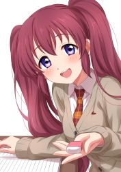 Rule 34 | 1girl, :d, blush, collared shirt, commentary request, copyright request, desk, eraser, from side, head tilt, highres, holding, jacket, long hair, long sleeves, looking at viewer, miyashita coco (love live!), necktie, open mouth, red necktie, round teeth, school desk, sekina, shirt, simple background, smile, solo, teeth, twintails, very long hair, white background, white shirt, wing collar