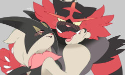 Rule 34 | blush, creatures (company), fangs, furry, furry female, furry male, furry with furry, game freak, gen 7 pokemon, green fur, grey background, hand on another&#039;s cheek, hand on another&#039;s face, incineroar, looking at another, mask, meowscarada, nintendo, pink eyes, pokemon, pokemon (creature), red fur, smile, upper body, vergolophus, yellow eyes