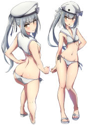 Rule 34 | 1girl, anchor, ass, beret, bikini, breasts, butt crack, comala (komma la), cosplay, hat, highres, kantai collection, kasumi (kancolle), multiple views, navel, side-tie bikini bottom, side ponytail, silver hair, simple background, small breasts, string bikini, swimsuit, yellow eyes, z3 max schultz (kancolle), z3 max schultz (kancolle) (cosplay)