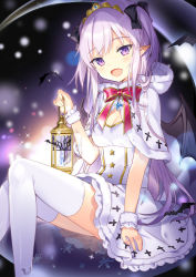Rule 34 | 1girl, bat (animal), black bow, blush, bow, capelet, dress, fang, fur trim, hair bow, lantern, long hair, looking at viewer, novel illustration, official art, open mouth, pointy ears, purple eyes, purple hair, rie (reverie), sitting, smile, solo, thighhighs, tsurime, two side up, uchi no hime-sama ga ichiban kawaii, white dress, white thighhighs