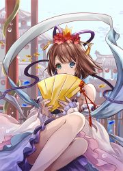 Rule 34 | 1girl, architecture, bare shoulders, blue eyes, brown hair, bubble, detached sleeves, east asian architecture, final fantasy, final fantasy x, fingernails, fish, flower, folding fan, green eyes, hagoromo, hair flower, hair ornament, hair stick, hand fan, heterochromia, holding, holding fan, long sleeves, looking at viewer, open mouth, red flower, ribbon-trimmed sleeves, ribbon trim, sasanomesi, shawl, short hair, solo, wide sleeves, yuna